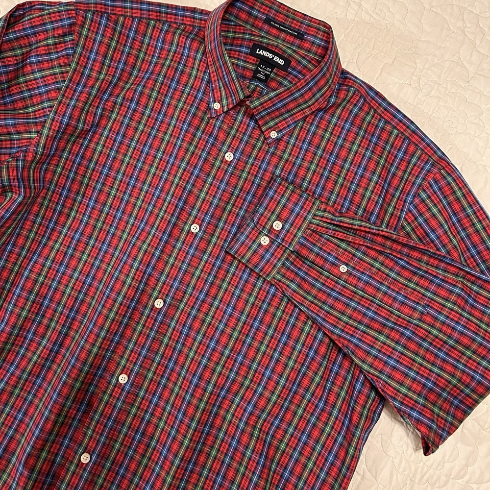 Lands End Supima Cotton Pinpoint Long Sleeve Plaid Shirt Men's Sz  17/33
